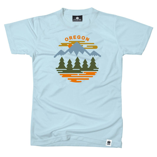 Light blue t-shirt with 'Oregon' graphic design featuring trees and mountains