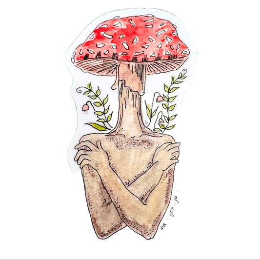 Illustration of a person with a red mushroom cap on a white background