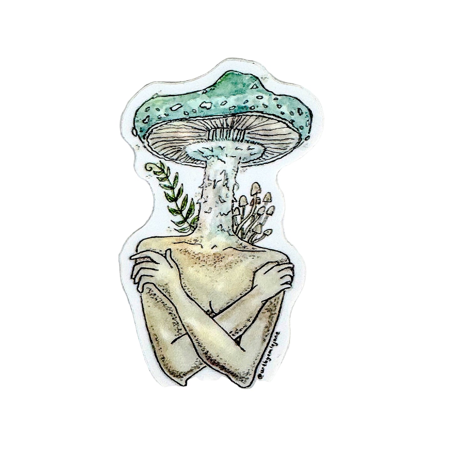 Illustration of a person with a mushroom head on a white background