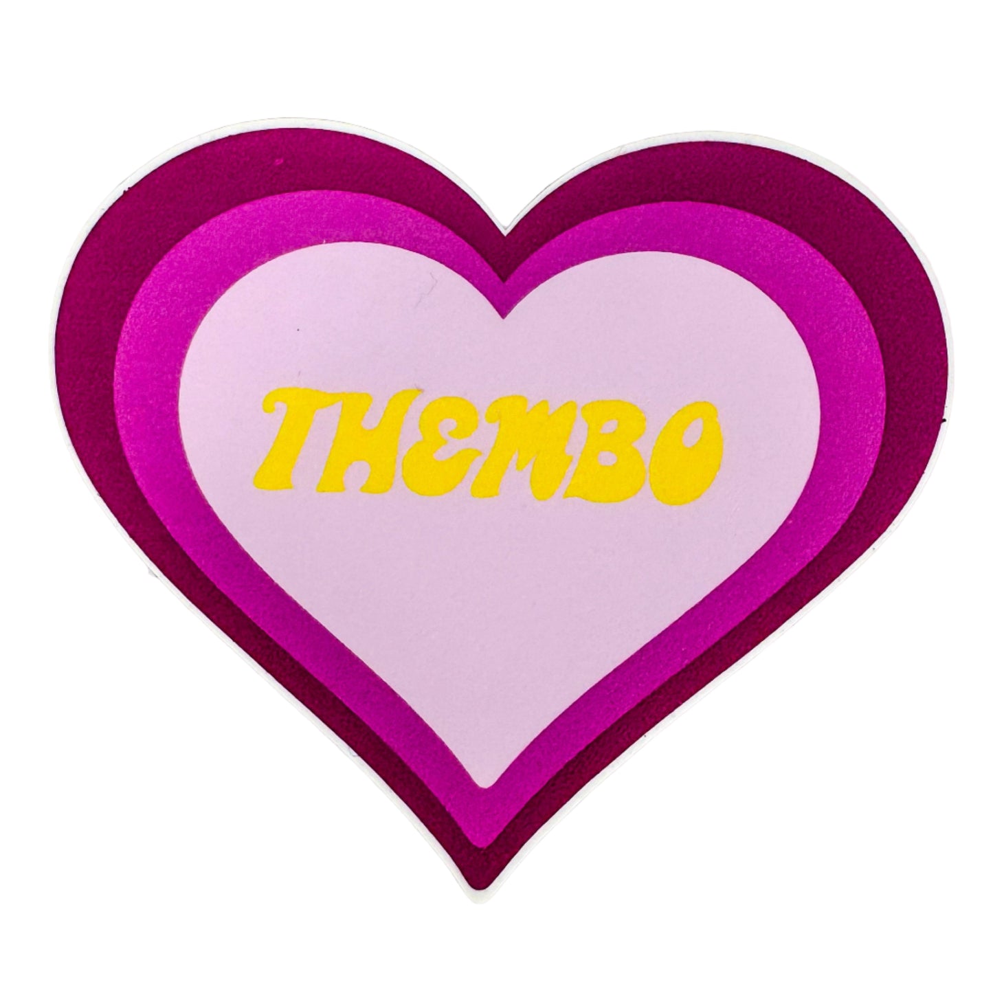 Heart-shaped sticker with 'THEMBO' text on a white background