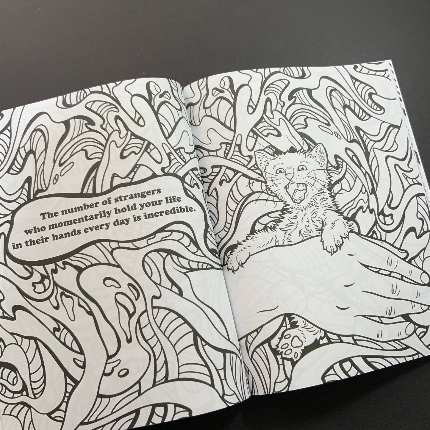 Coloring book page with a cat illustration and text