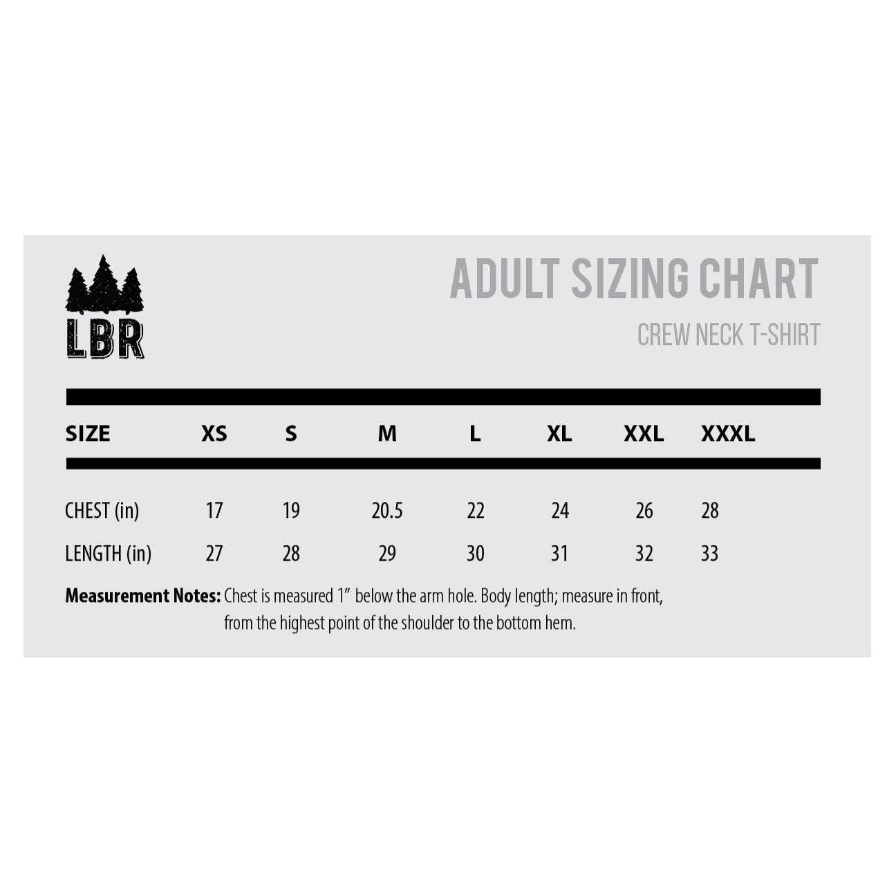 Sizing chart. Chest and Length in inches is shown for XS to XXXL.
XS chest 17 length 27
S chest 19 length 28
M chest 20.5 length 29
L chest 22 length 30
XL chest 24 length 31
XXL chest 26 length 32
XXXL chest 28 length 33