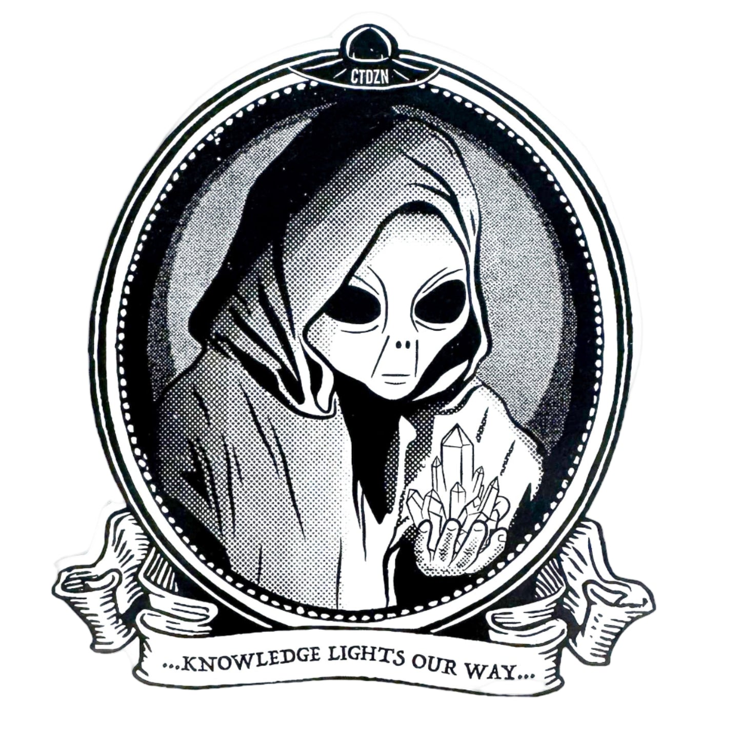 Illustration of an alien in a hooded cloak holding crystals with text 'Knowledge lights our way' in a circular frame.
