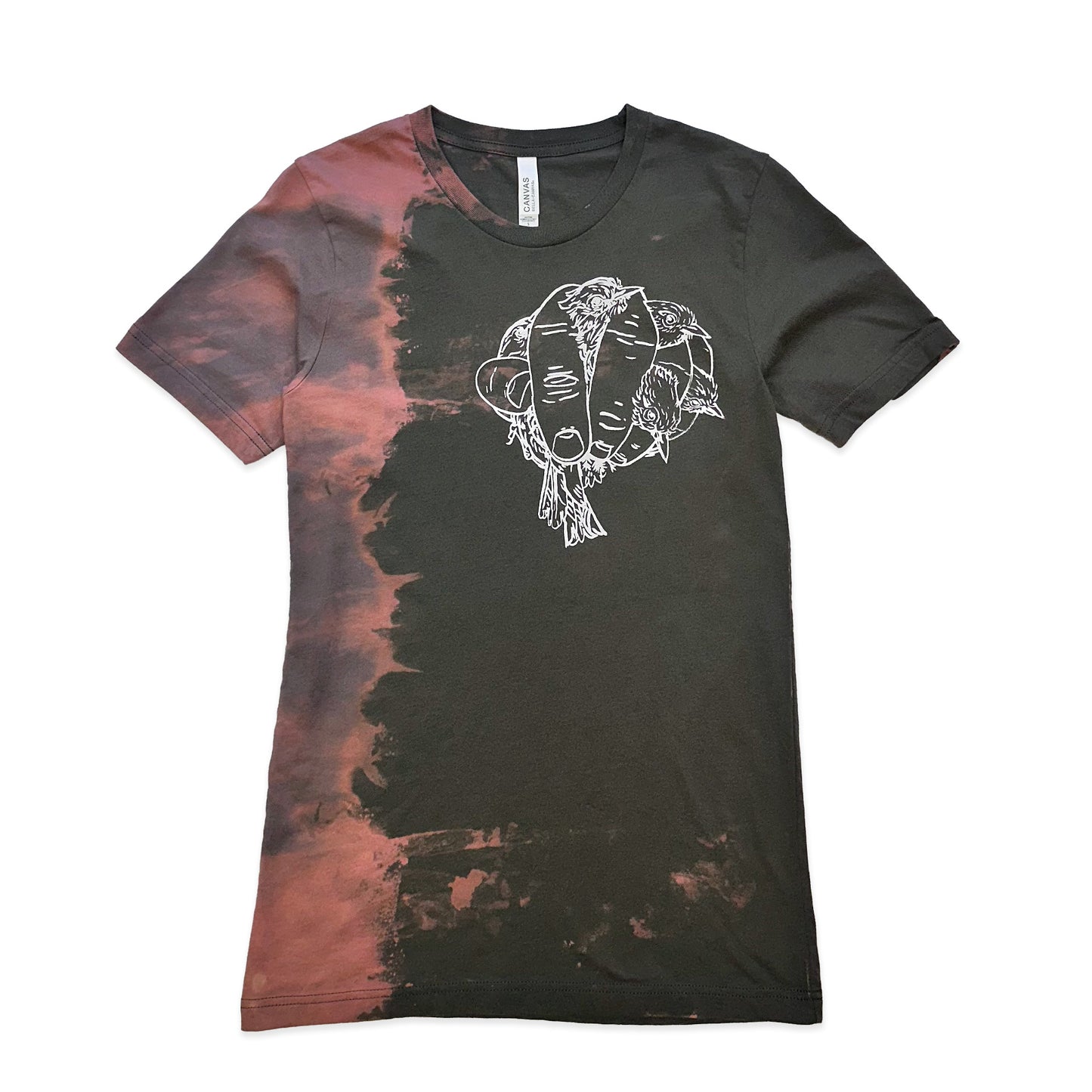 Bleach-dyed t-shirt with a white graphic design of a hand holding birds.