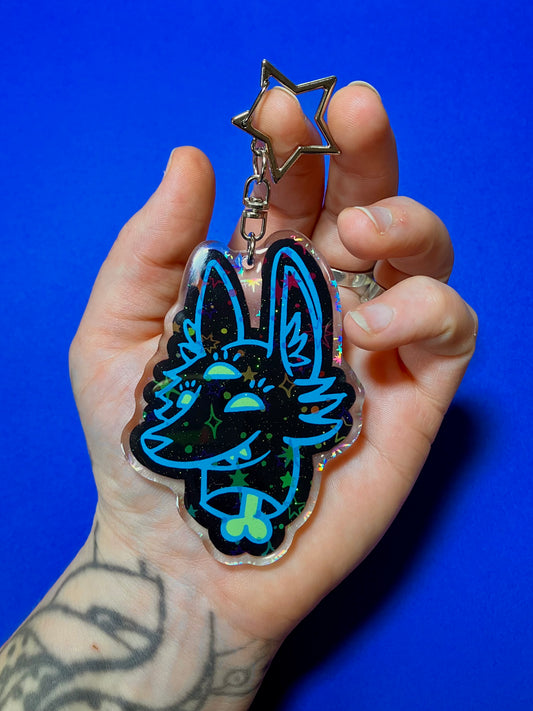Space Coyote “Glitter Bonehead” Acrylic Keychain + Holographic Sticker by HiddenStash