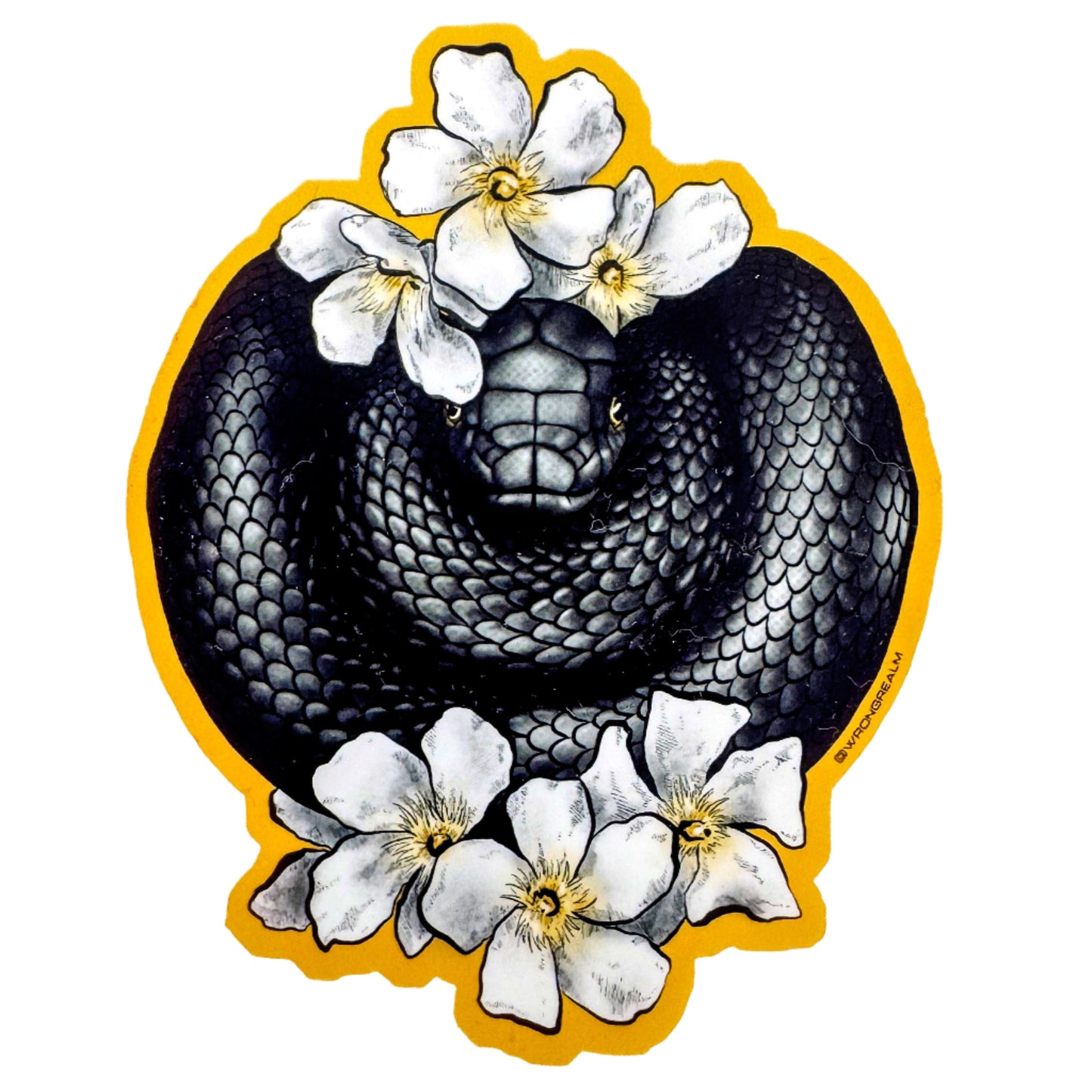 Black snake with white flowers on a yellow border