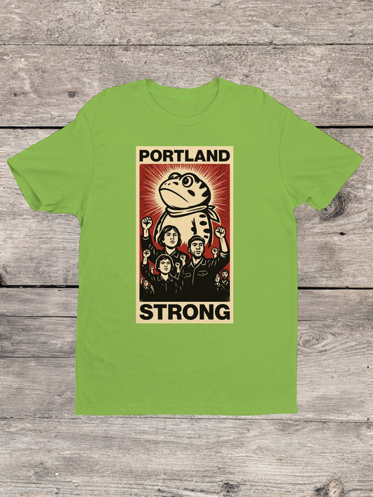 Green protest t-shirt with 'Portland Strong' frog graphic