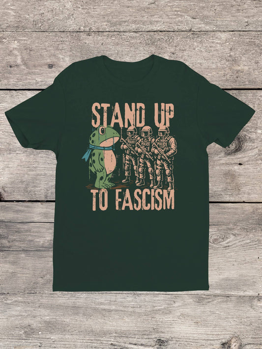 Green t-shirt with graphic frog protest design and text 'Stand Up To Fascism'