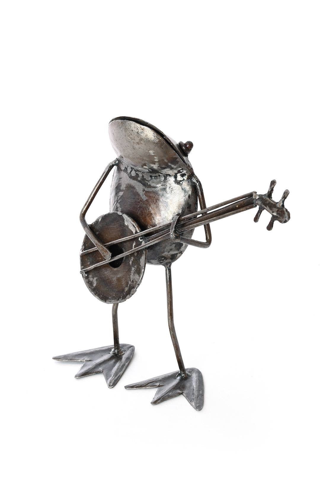 Handcrafted metallic frog, playing a banjo - facing left.