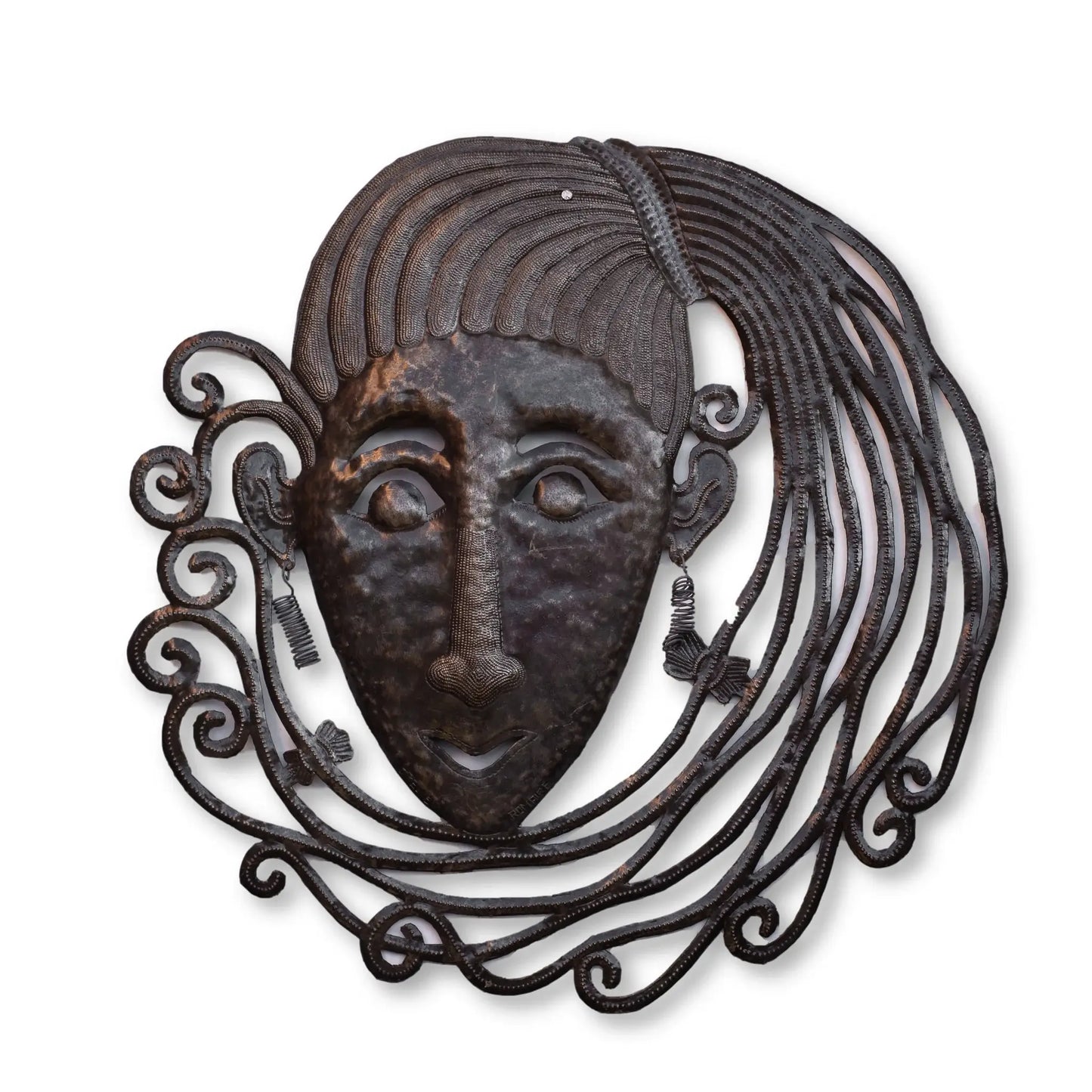 Handmade Haitian hammered metal wall art of a woman in a pony tail.