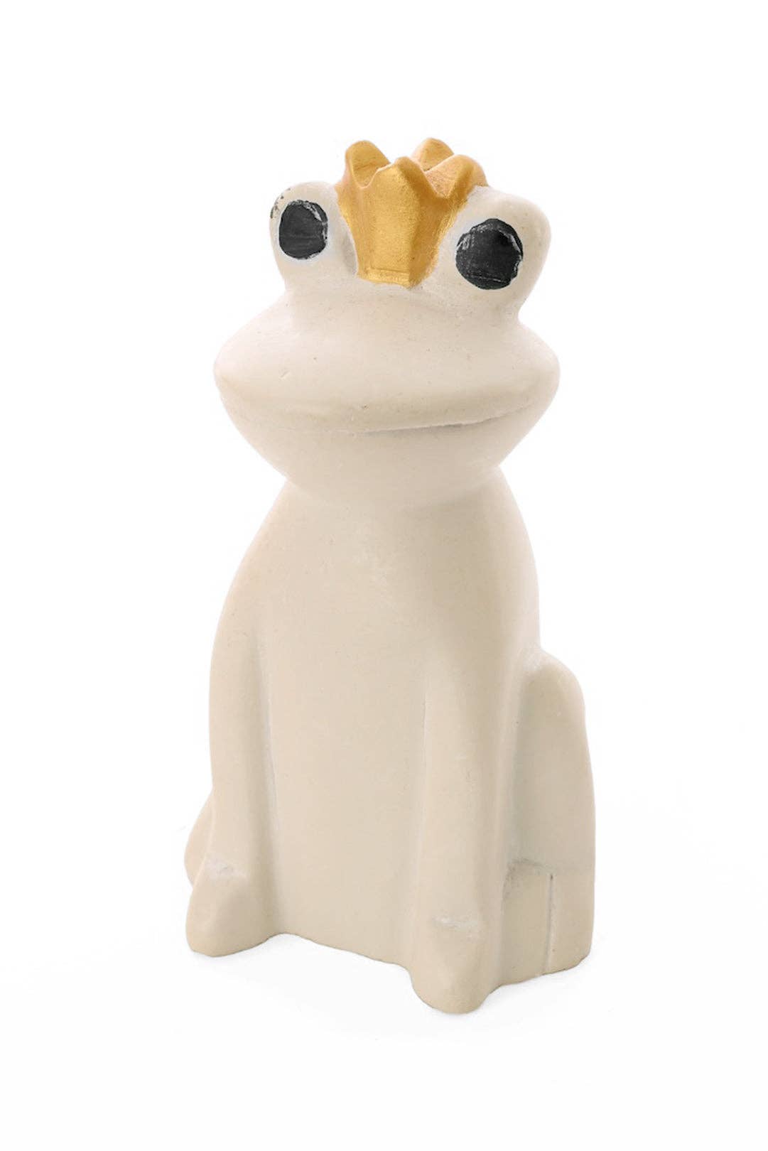 White Ceramic frog figurine with a gold crown - facing left