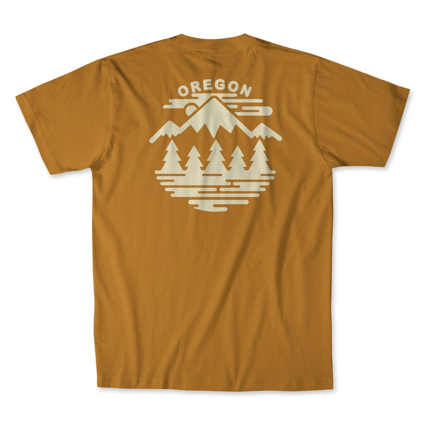 Back of the mustard yellow t-shirt with 'Oregon' and mountain design