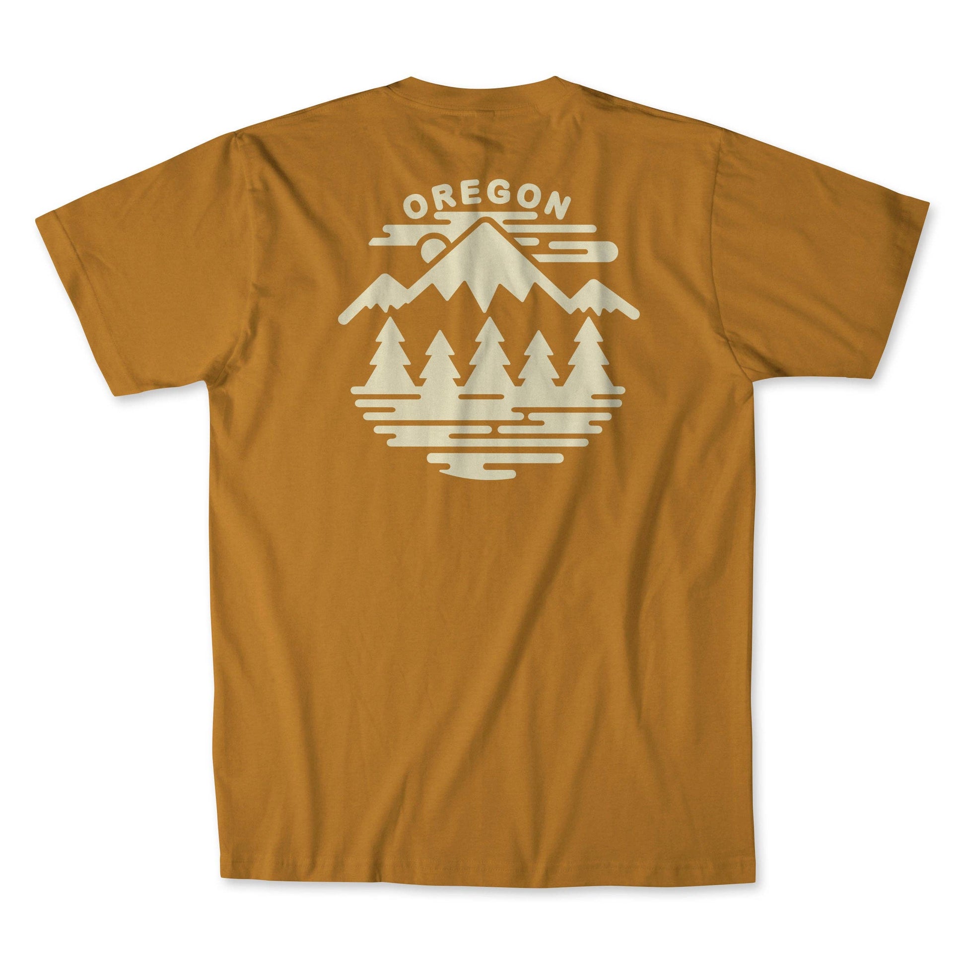 Back of the mustard yellow t-shirt with 'Oregon' and mountain design