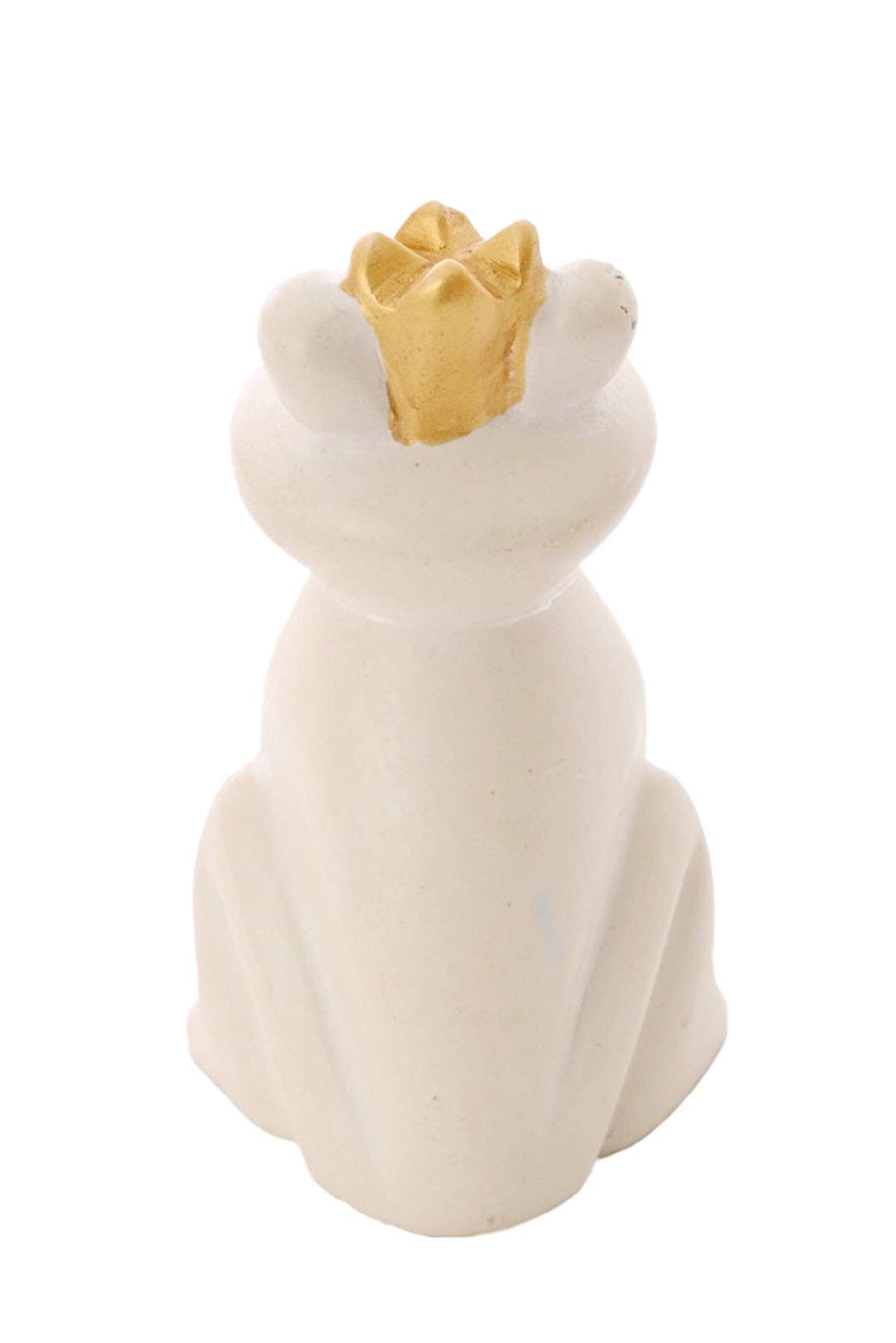 White Ceramic frog figurine with a gold crown - from the back.