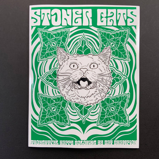 Stoner Cats coloring book cover with a cat illustration and green patterns