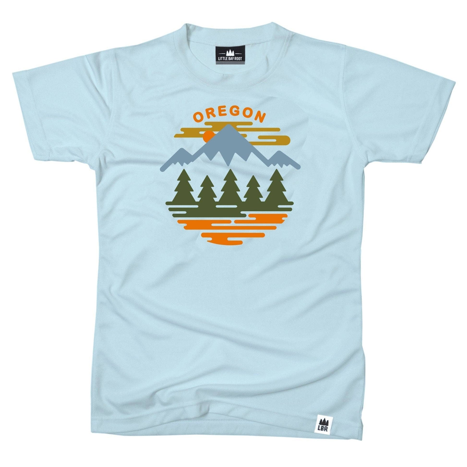 Light blue t-shirt with 'Oregon' graphic design featuring trees and mountains