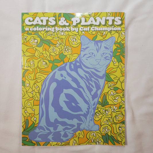 Coloring book cover titled 'Cats & Plants' with a blue cat illustration on a yellow floral background.