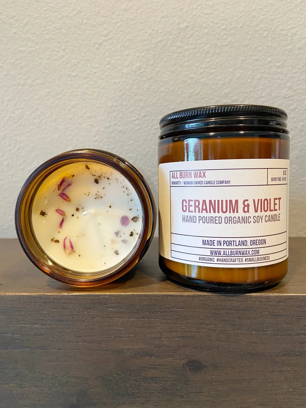Geranium & Violet 8oz Candle by All Burn Wax