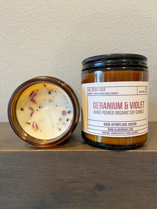 Geranium & Violet 8oz Candle by All Burn Wax