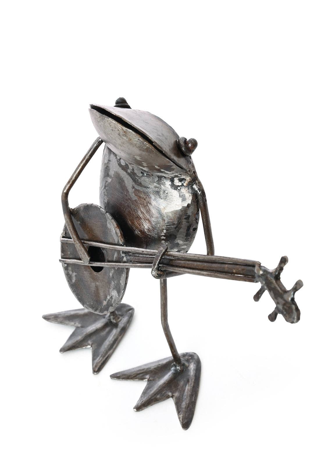 Handcrafted metallic frog, playing a banjo.