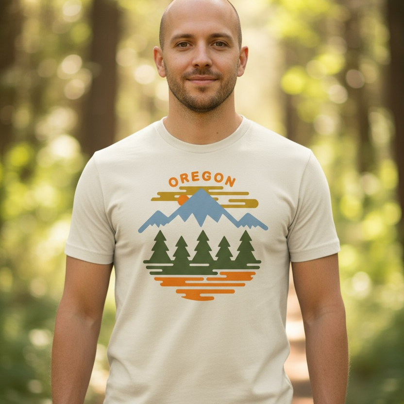 Person wearing a t-shirt with 'Oregon' and mountain design in a forest setting