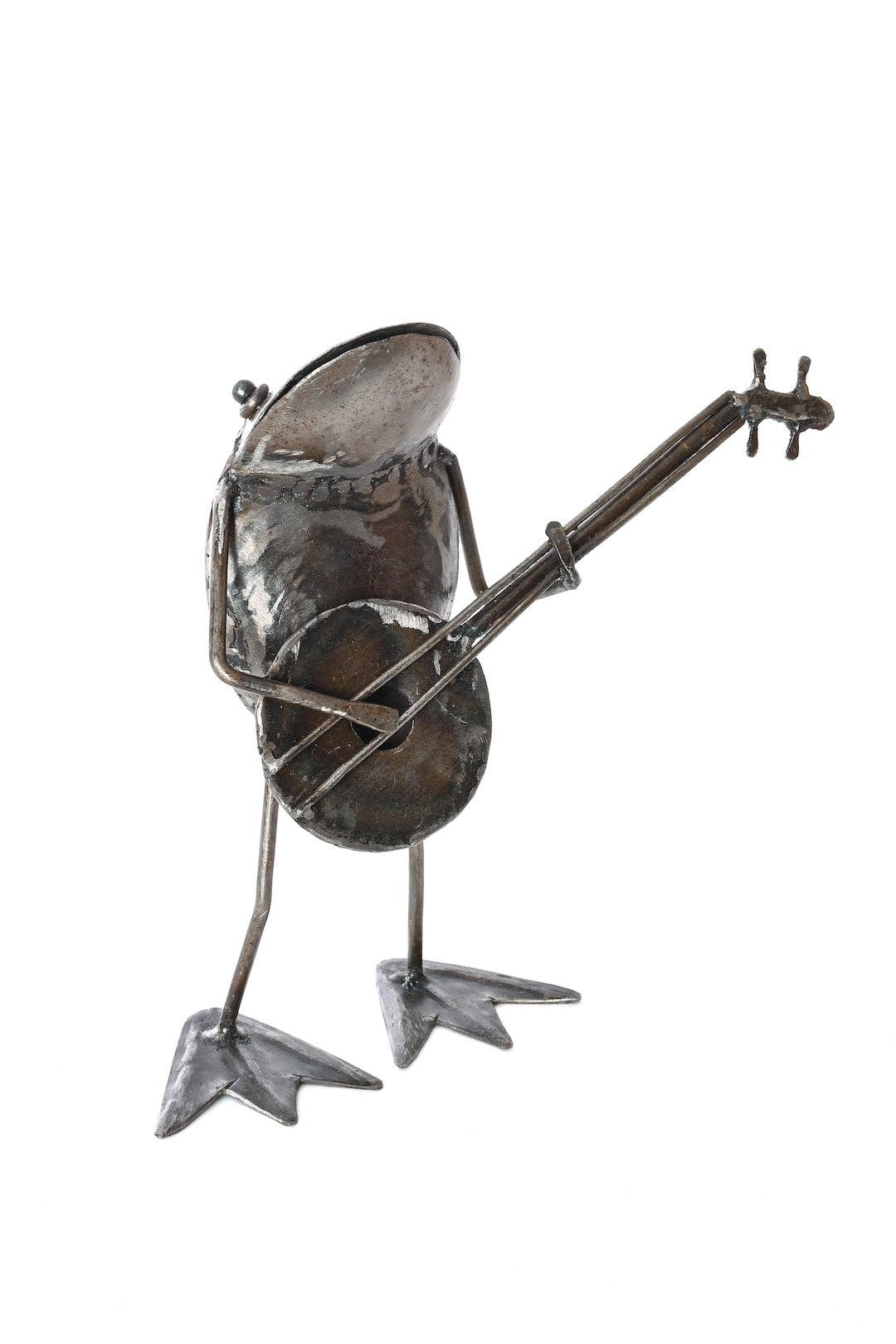 Handcrafted metallic frog, playing a banjo - facing right.