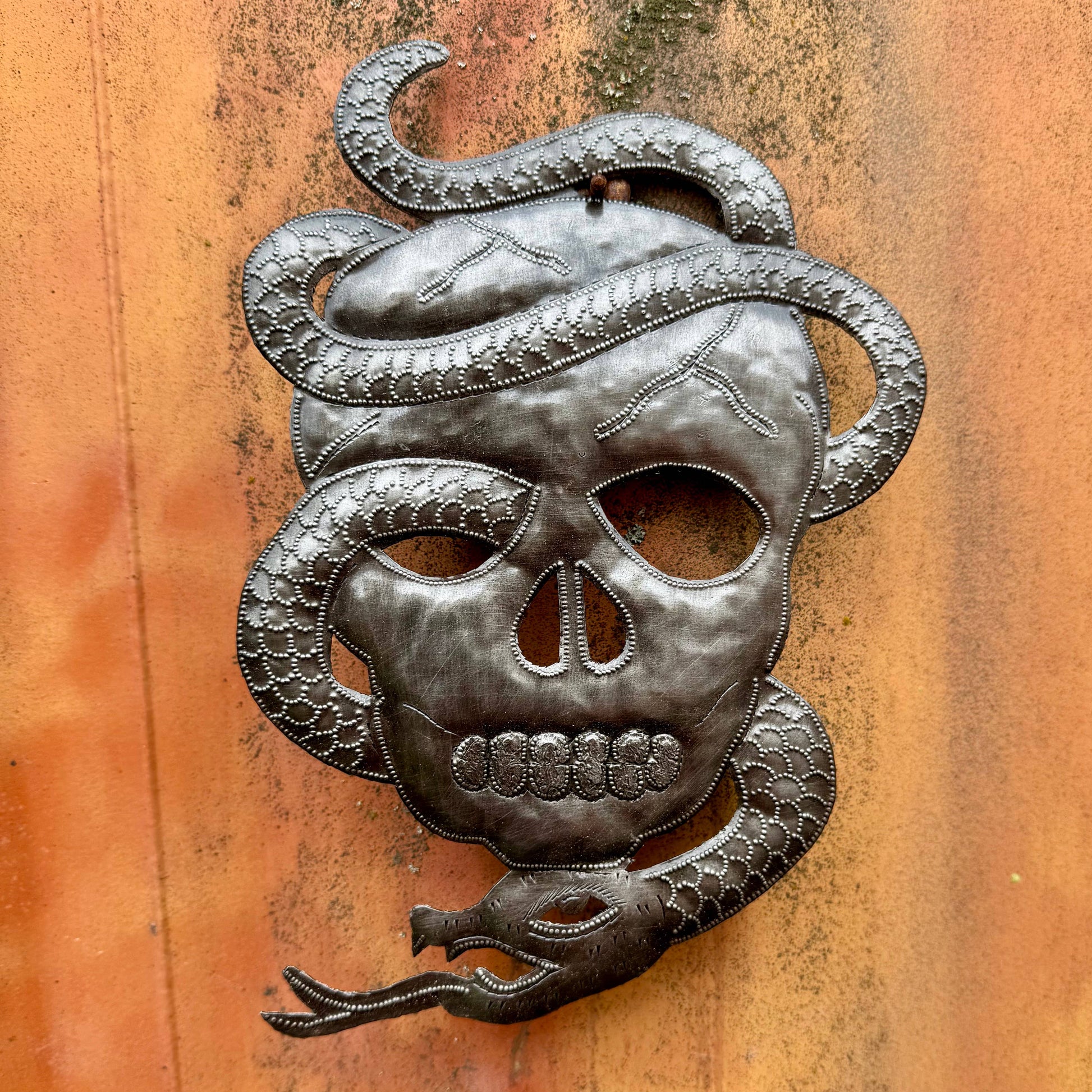 Handmade Haitian hammered metal wall art of a skull with a snake entwined