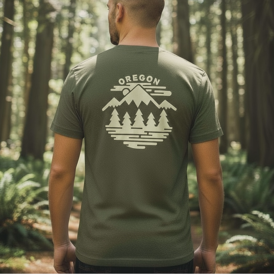 Person wearing a green t-shirt showing the back with 'Oregon' and mountain design