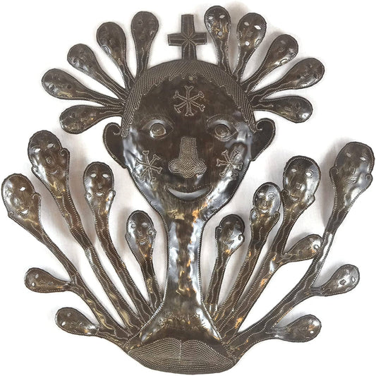 Handmade Haitian hammered metal wall art of person's face