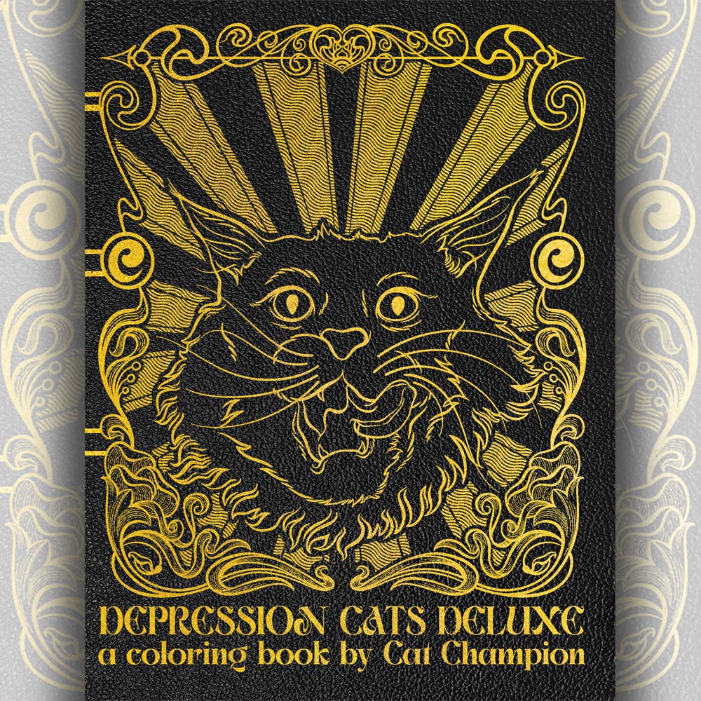 Coloring book cover with a cat illustration and text 'Depression Cats Deluxe a coloring book by Cat Champion'