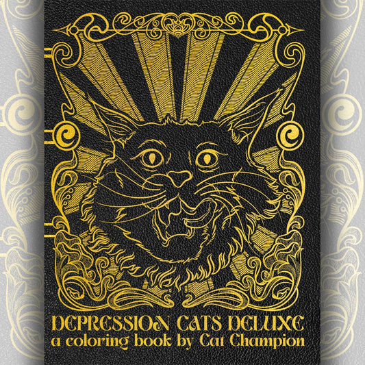 Coloring book cover with a cat illustration and text 'Depression Cats Deluxe a coloring book by Cat Champion'