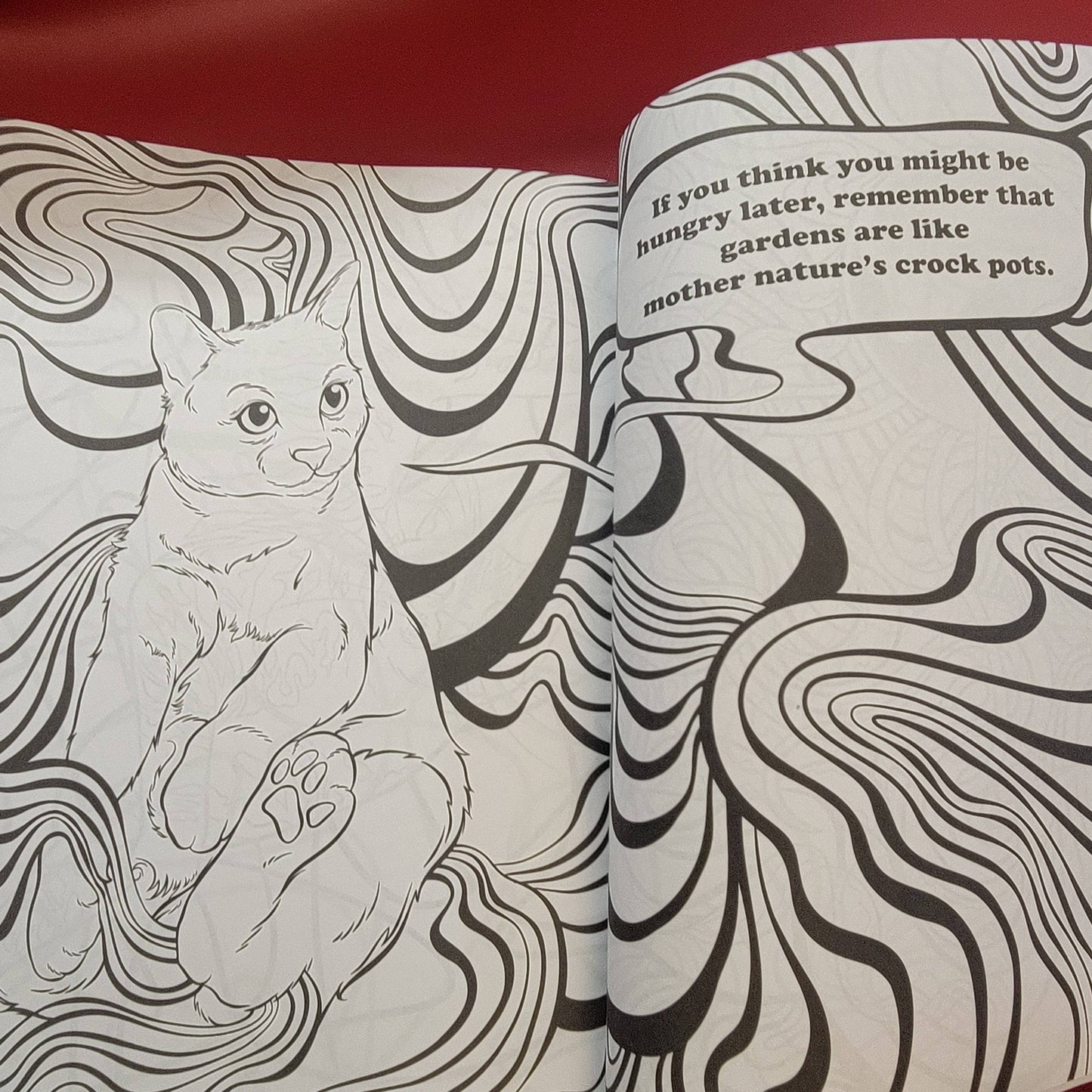 Illustration of a cat and text bubble with a wavy line background