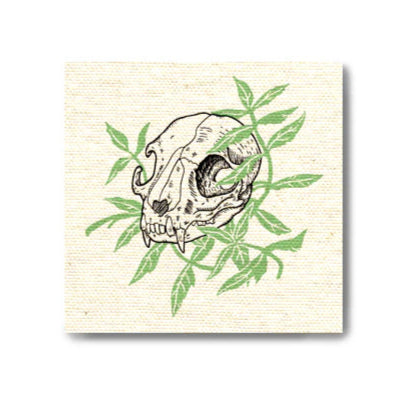 Illustration of a animal skull with green leaves on a textured beige background