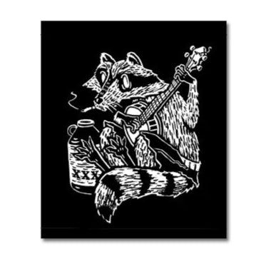 Illustration of a raccoon playing a guitar on a black background