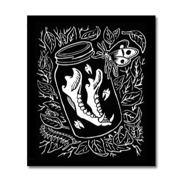 Black and white illustration of a jawbone in a jar with a butterfly and leaves on a black background
