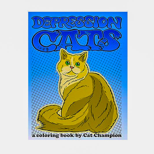 Book cover of 'Depression Cats' with a cat illustration on a blue background