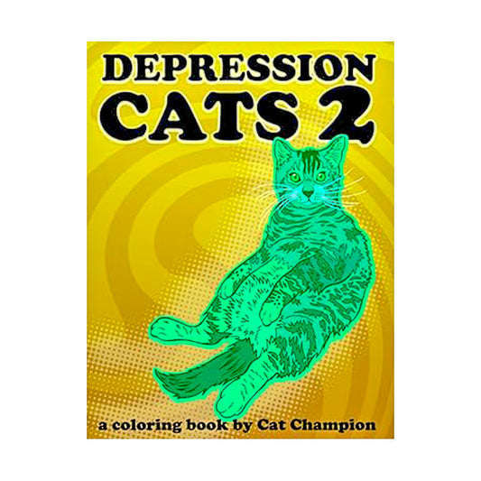 Book cover of 'Depression Cats 2' with a green cat illustration on a yellow background