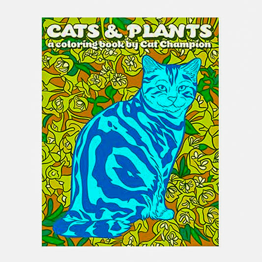 Coloring book cover with a blue cat and green plants on a yellow background