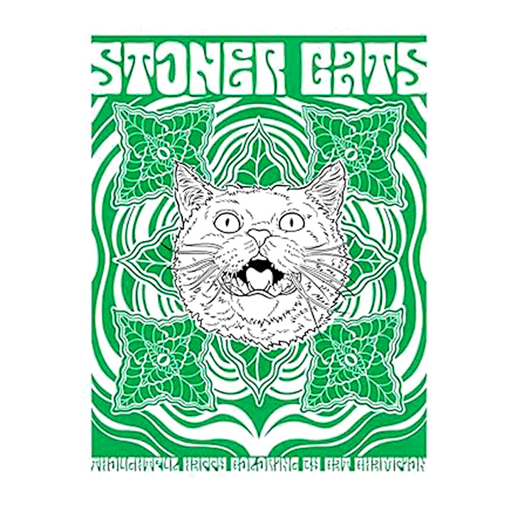 Stoner Cats coloring book with a cat's face in the center on a green and white background