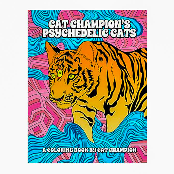 Coloring book cover with a tiger illustration and psychedelic patterns