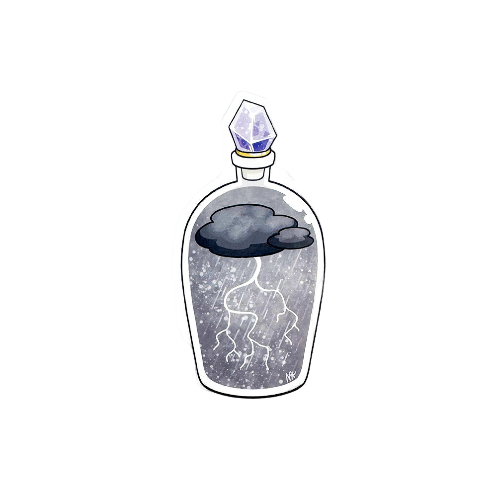 Illustration of a bottle with a crystal cap containing a cloud and a ghostly figure inside.