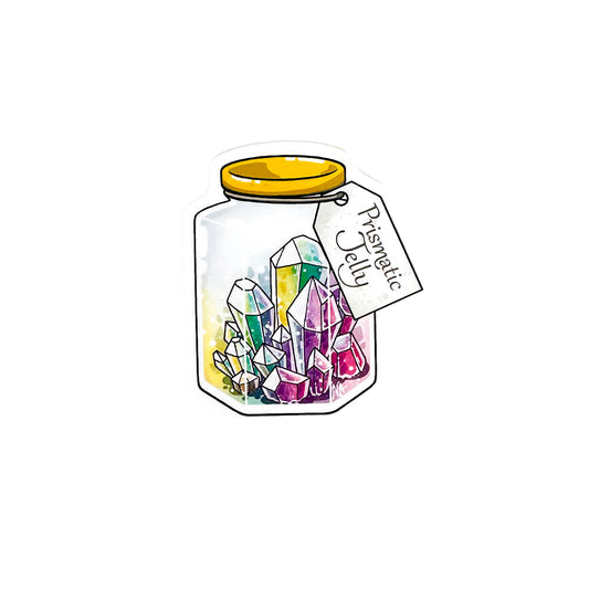 Sticker of a jar with colorful crystals and a 'Prismatic Jelly' label on a white background