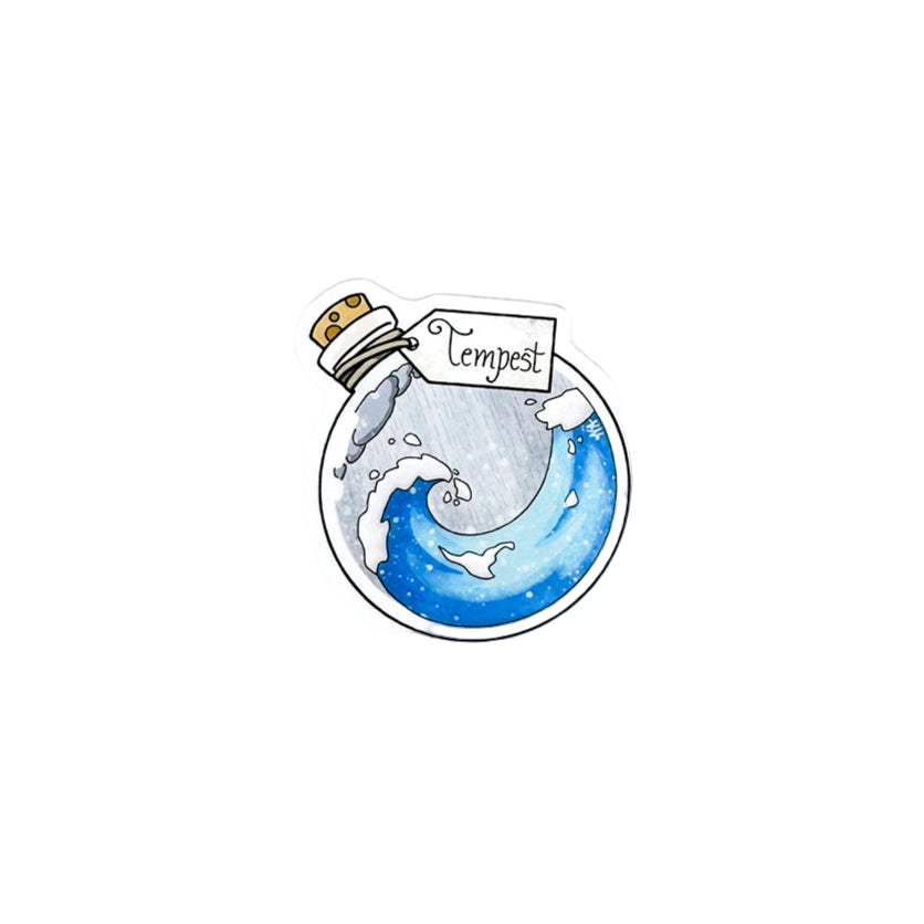 Sticker design of a bottle with water and a wave, labeled 'Tempest', on a white background.