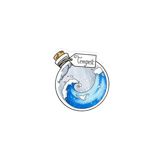 Sticker design of a bottle with water and a wave, labeled 'Tempest', on a white background.