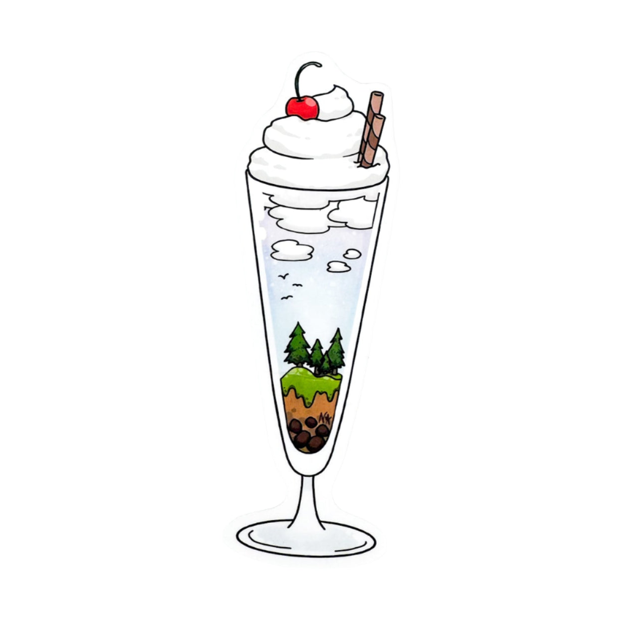 Illustration of a layered dessert with trees inside on a white background