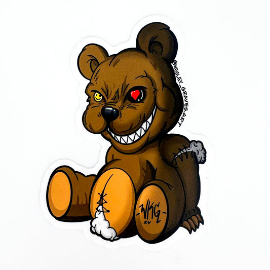 Cartoonish brown bear with a sinister expression on a white background