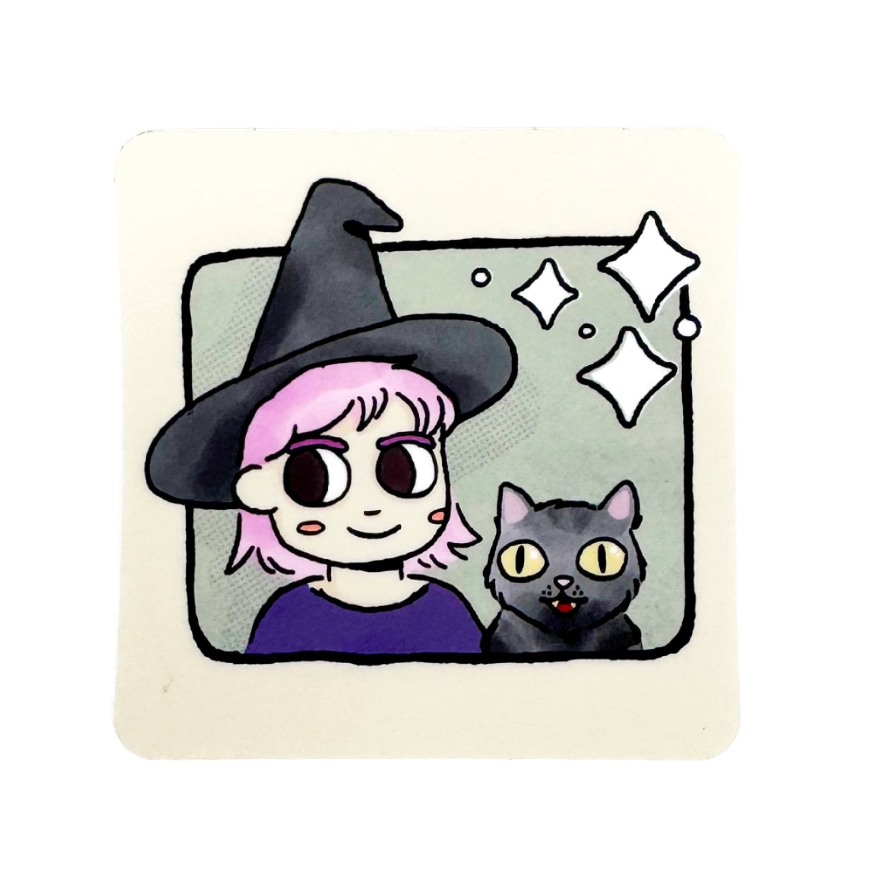 Illustration of a witch with a black cat on a white background