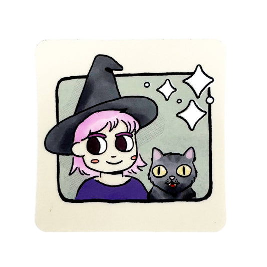 Illustration of a witch with a black cat on a white background