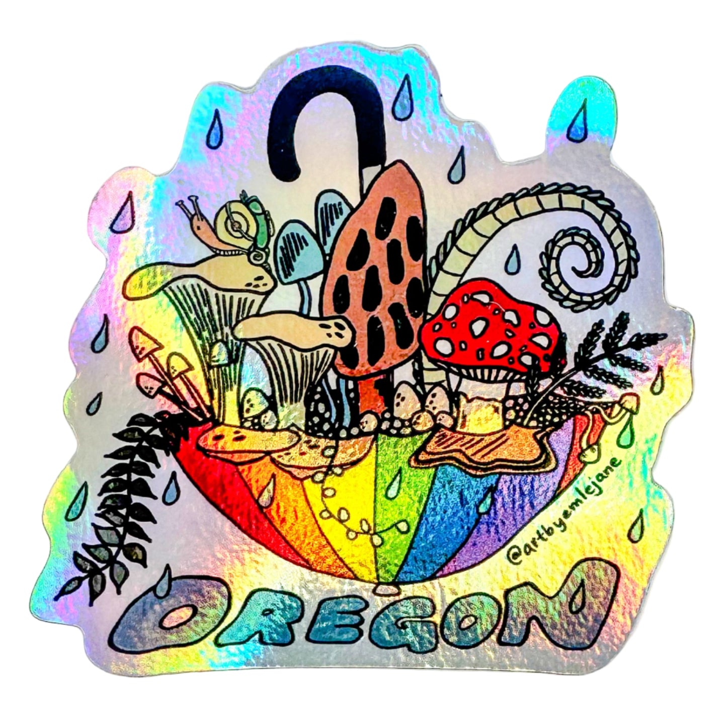 Holographic sticker of a mushroom and nature-themed design with 'Oregon' text on a white background