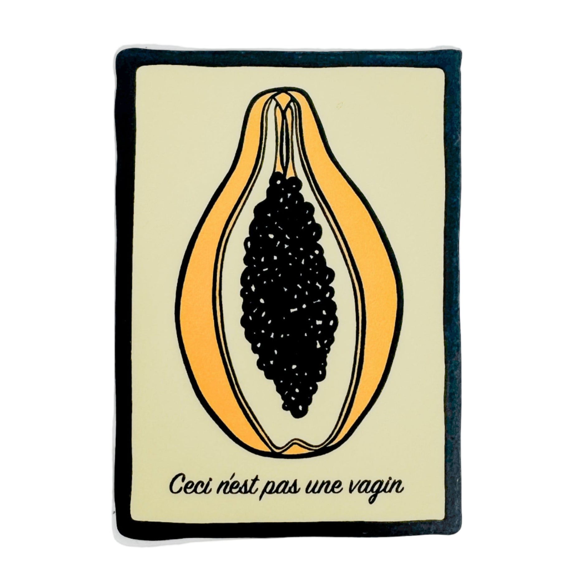 Illustration of a cut papaya with text on a beige background